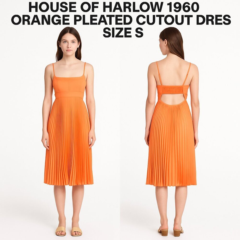 HOUSE OF HARLOW 1960 ORANGE PLEATED CUTOUT DRESS SIZE S